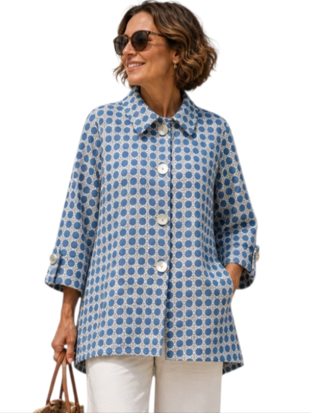 Boho Chic Cotton Embroidered Geometric Button Front Coat Lightweight Blazer M